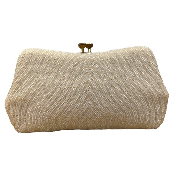 Vintage Women’s Ivory Beaded Made in Japan Kiss Lock Evening Clutch - Picture 3 of 8